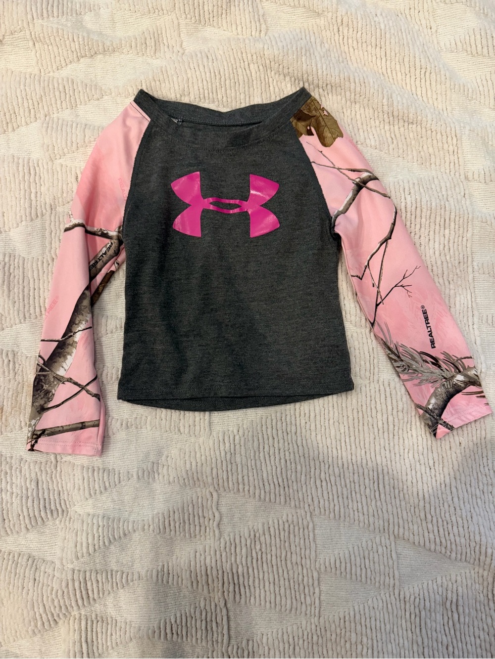 Under Armour Dark Gray Long Sleeve Top with Pink Camo Sleeves and Pink Logo